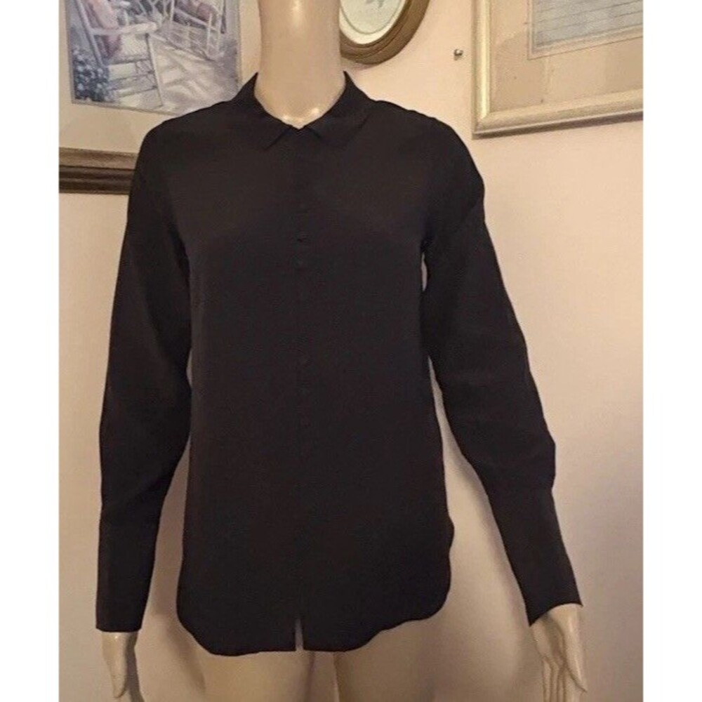 Boden 100% Silk Shirt Blouse Long Sleeve Womens Size 2 Navy Black Button Front